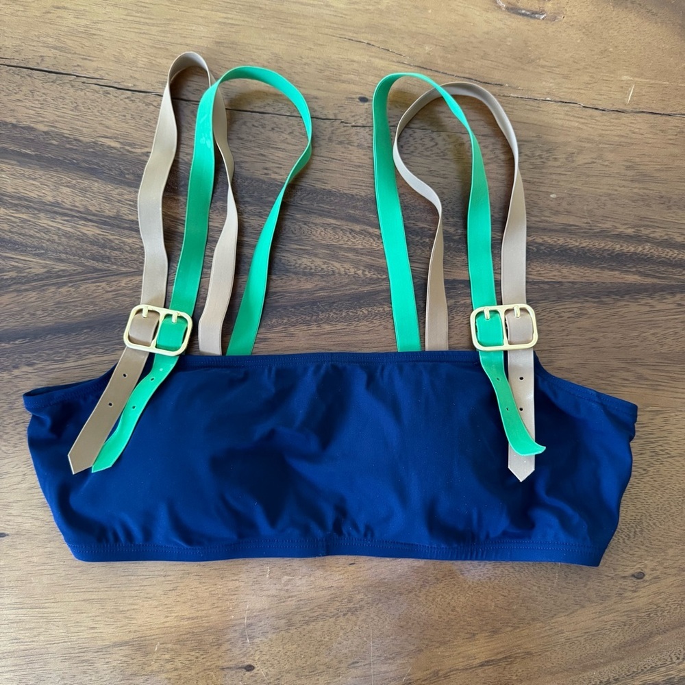 Tory Burch Navy Bikini Top with Green and Tan Straps Size Medium - Picture 2 of 5